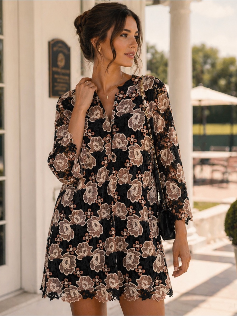 J. Marie Black Mini Dress with Beige Floral Lace Embroidery NWT